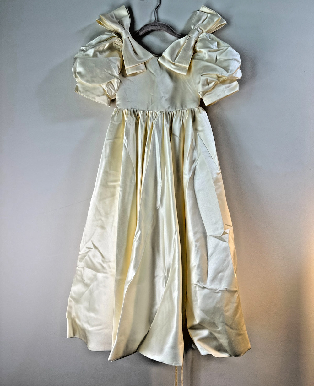 Girls Ivory Satin Flower Girl Dress Puff Sleeve Bow Formal Wedding Size 5 6